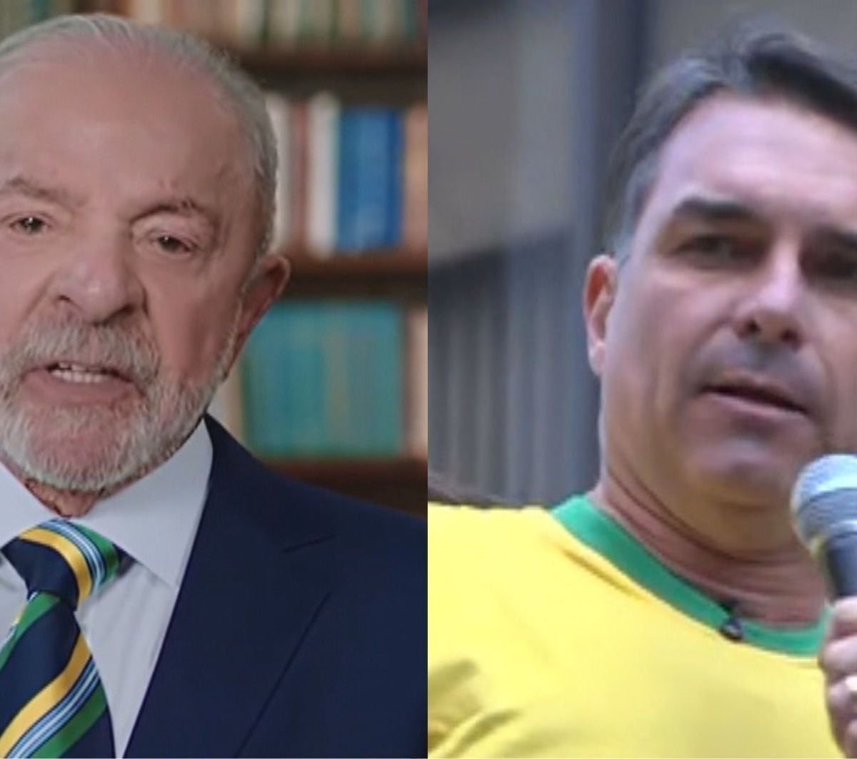 Presidente Lula (PT) em pronunciamento em rede nacional de rádio e TV; Flávio Bolsonaro (PL) em comício na Avenida Paulista, em São Paulo • Reprodução; CNN
