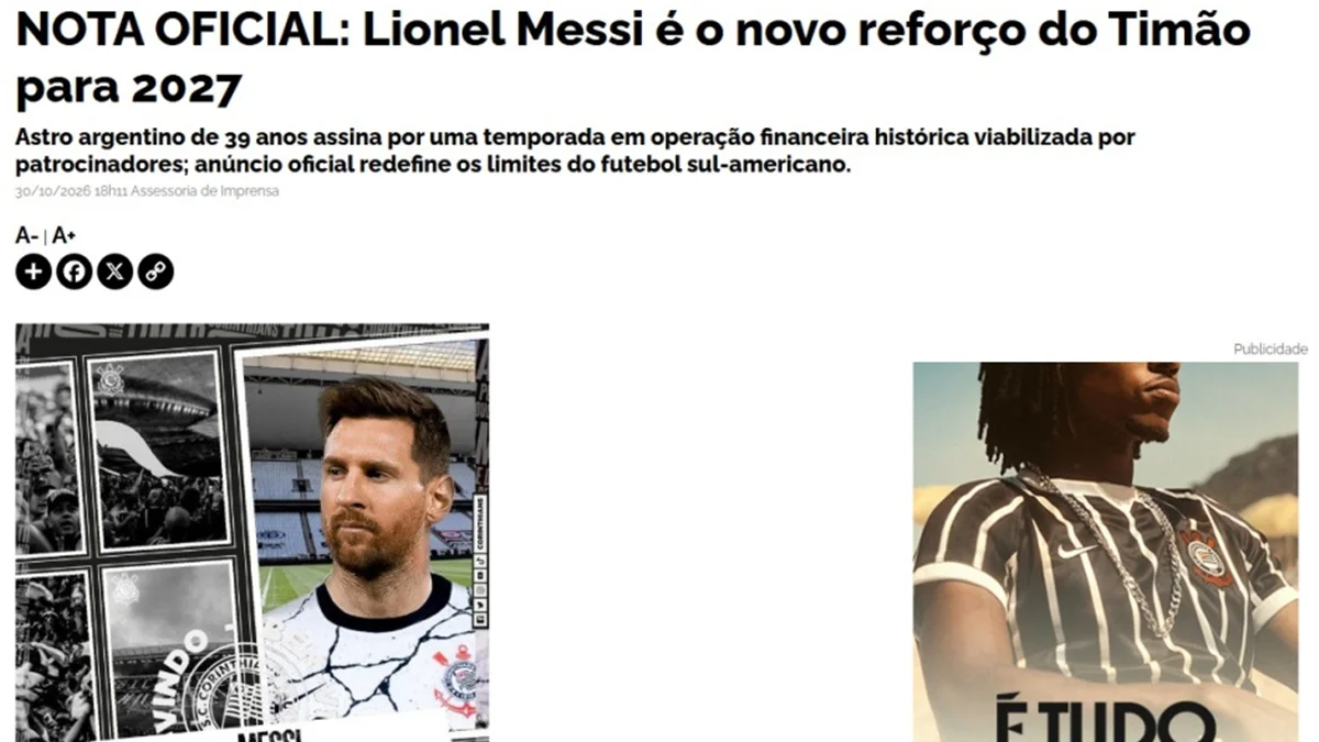 Messi no Corinthians: clube paulista tira site do ar após ataque hacker